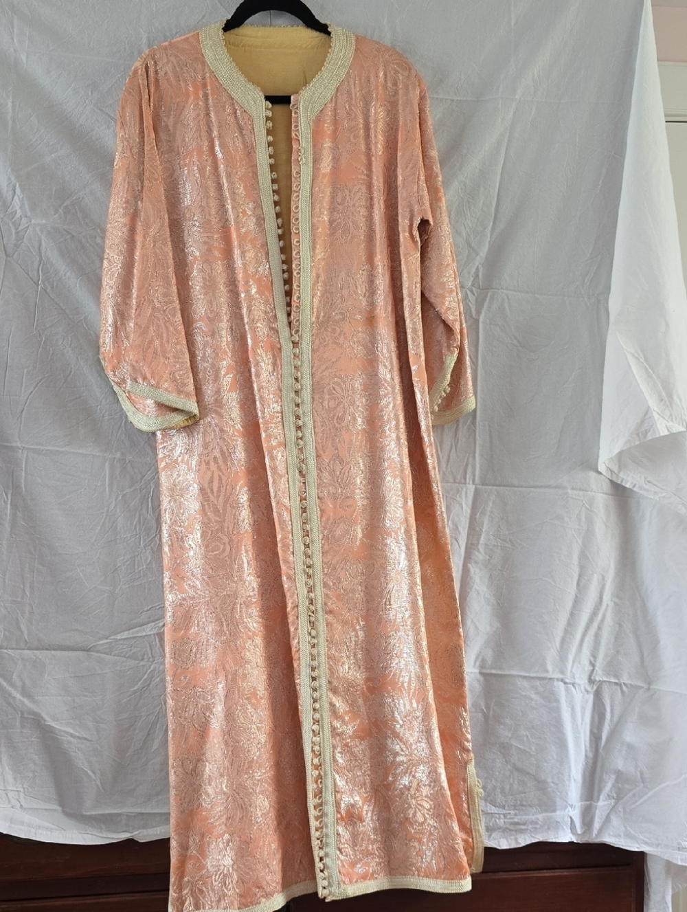 Vintage Morrocan Women's Peach Metallic Caftan Robe with Contrast Trim